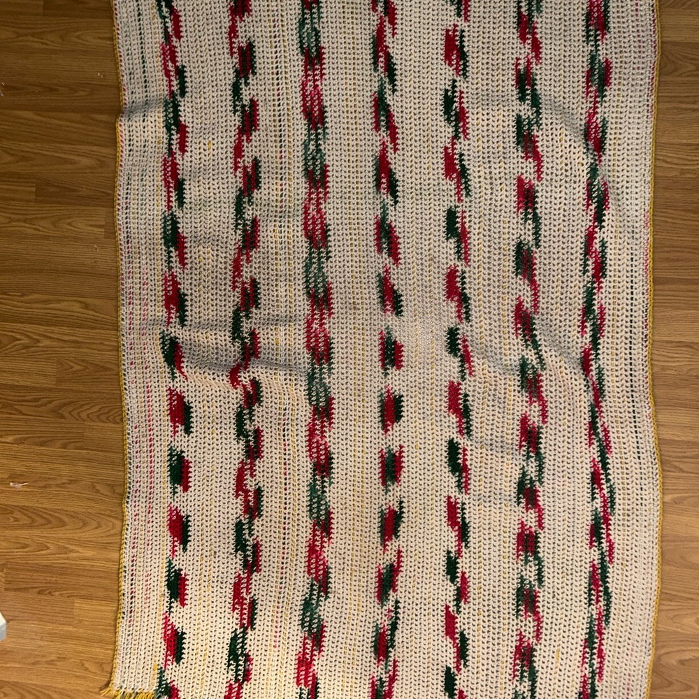 Handmade Cream Crochet Throw with Red & Green Accents